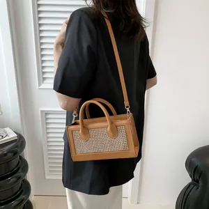 Brown rhinestone crossbody bag shown worn by a model against a minimalist white background