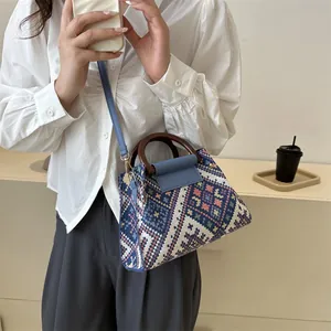 Vintage checkered small square crossbody bag with ethnic woven pattern and wooden handle