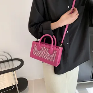 Fashionable pink rhinestone crossbody bag with metal rivets and top handles for women