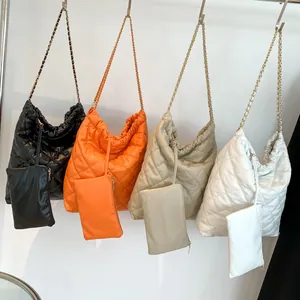 Large Capacity Quilted Tote Bag For Women PU Leather Rhombic Shoulder Bag With Chain Strap Drawstring 2 In 1 Handbag Set