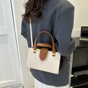 Detail of square textured leather handbag showing golden metallic buckle and brown strap