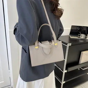 Detail of taupe litchi texture leather square bag with golden metal buckle and shoulder strap