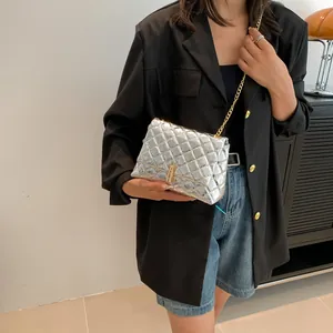 Silver quilted chain bag shown on a model with metallic finish and gold square clasp