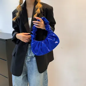 Royal blue cloud-shaped ruched shoulder bag with integrated pleated handle for women