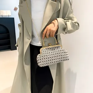 Detail of vintage woven chain bag featuring black and white geometric pattern and gold clasp
