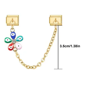 Detail of colorful enamel flower charm link for modular bracelets, 3.5cm length with eye motif