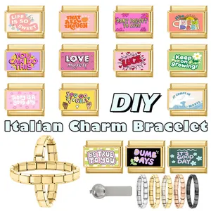 Détails de charms pour bracelet italien DIY avec citations motivantes et finitions dorées