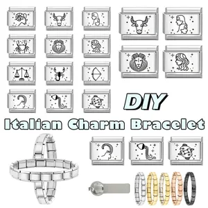 Detail of 12 zodiac symbols on modular Italian charm bracelets in various metal finishes