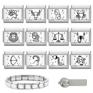 Detailed view of 12 zodiac Italian charms in stainless steel with a modular link tool