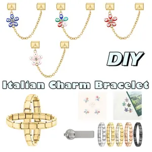 Detailed view of DIY Italian charm bracelet links with colorful flower evil eye pendants