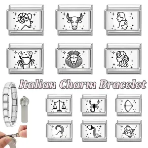 Detailed set of 12 zodiac Italian charm links with a stainless steel adjustment tool
