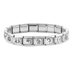 Macro shot of stainless steel Italian charm links with engraved zodiac signs and stamps