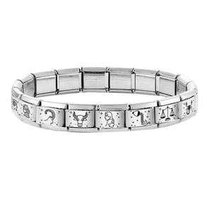 Close-up of silver modular stainless steel bracelet links with zodiac sign engravings