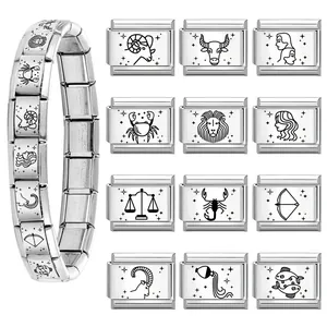 Silver stainless steel Italian charm bracelet with 12 zodiac sign DIY modular links