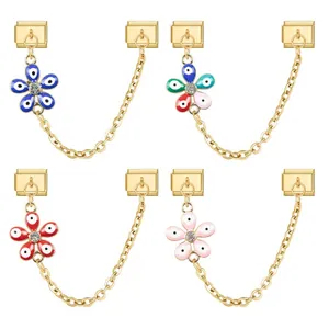 Stainless Steel Italian Charm Link With Evil Eye Flower Dangle Enamel Zirconia DIY Jewelry Accessory For Bracelet
