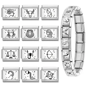 Italian style stainless steel modular link bracelet with engraved zodiac signs charms
