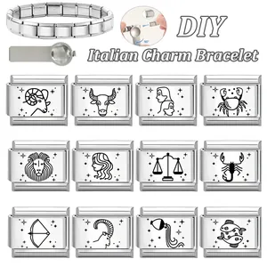 DIY Italian charm bracelet set in stainless steel with twelve zodiac sign link modules
