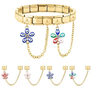 Gold stainless steel Italian charm bracelet with colorful evil eye flower charms