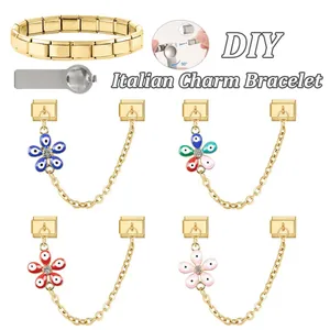 DIY Italian Charm Bracelet set with four colorful flower pendants and adjustment tool