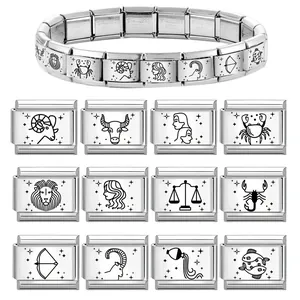 Italian modular charm bracelet in stainless steel featuring twelve zodiac sign link designs