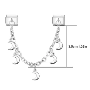 Detailed view of silver Italian charm link with hanging chain and five crescent moons