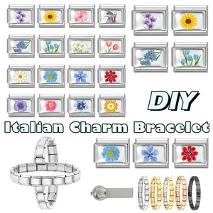 Detail of floral Italian charm bracelet links and assembly tool in stainless steel