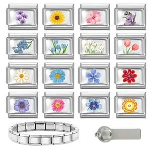 Italian charm link set with 16 floral stainless steel charms and adjustment tool
