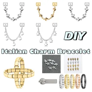 Macro detail of DIY Italian charm bracelet modules with star and heart pendant options