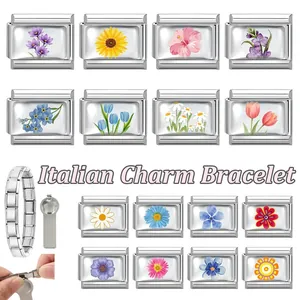 Detail of DIY Italian charm bracelet modules with colorful floral patterns and assembly