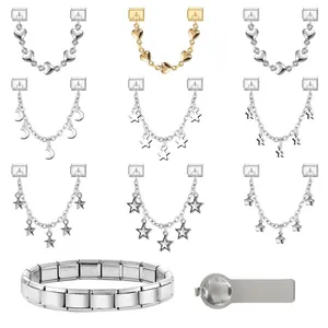 Macro shot of stainless steel Italian charm bracelet links with heart and star charms