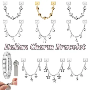 Italian charm bracelet components with stainless steel links and star moon pendants