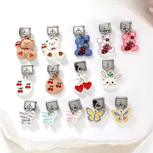 Detailed collection of 14 stainless steel Italian charms featuring cute cartoon animal designs
