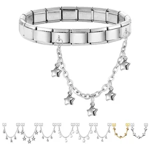 Italian modular stainless steel stretch bracelet featuring five-pointed star charms