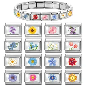 Italian charm bracelet with 16 interchangeable modular links featuring colorful floral patterns