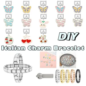 Macro detail of Italian charm bracelet links featuring enamel butterfly and rabbit charms