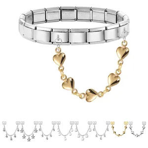 Italian charm link bracelet in stainless steel with double heart and star dangle charms