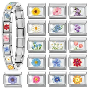 Italian modular charm bracelet with vibrant floral patterns in polished stainless steel