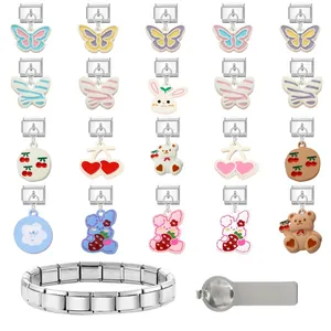 Detailed set of 20 cartoon Italian charms with a stainless steel bracelet and tool
