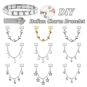 DIY modular Italian charm bracelet with silver stainless steel links and gold charms