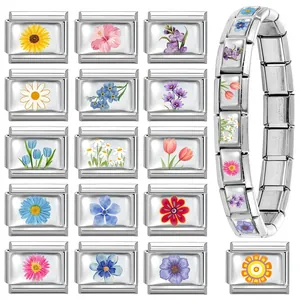 Italian charm bracelet links with colorful floral designs in durable stainless steel