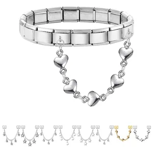 Italian modular charm bracelet in stainless steel with heart star and moon pendants
