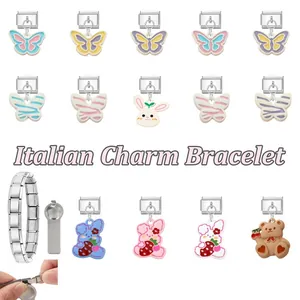 Italian charm bracelet components featuring modular stainless steel links and animal charms