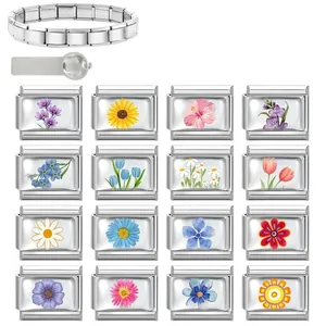 Italian modular charm bracelet kit with 16 floral stainless steel links and adjustment tool