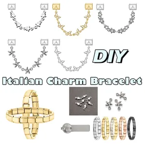 Detailed macro of DIY Italian charm bracelet kit with colorful links and metal charms