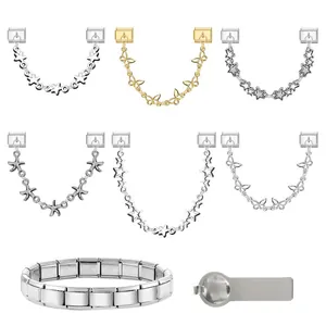 Detail of Italian charm links with star, butterfly, and starfish designs in gold and silver