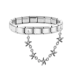 Detail view of Italian charm bracelet in stainless steel with four starfish pendants