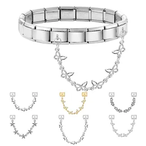 Italian charm bracelet in stainless steel with butterfly and star charms in silver and gold