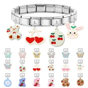 Italian charm bracelet in stainless steel with colorful cartoon bear and butterfly charms