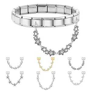 Stainless steel modular link bracelet set with silver and gold charm variations
