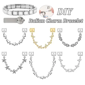 Italian modular charm bracelet with stainless steel safety chains and star charms